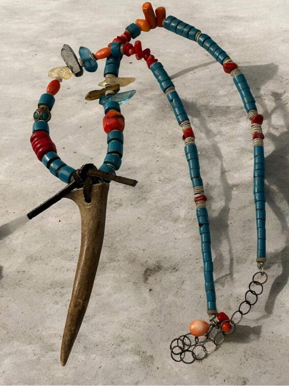 Boho Vintage Turquoise & Coral Beaded Necklace with Antler Pendant
